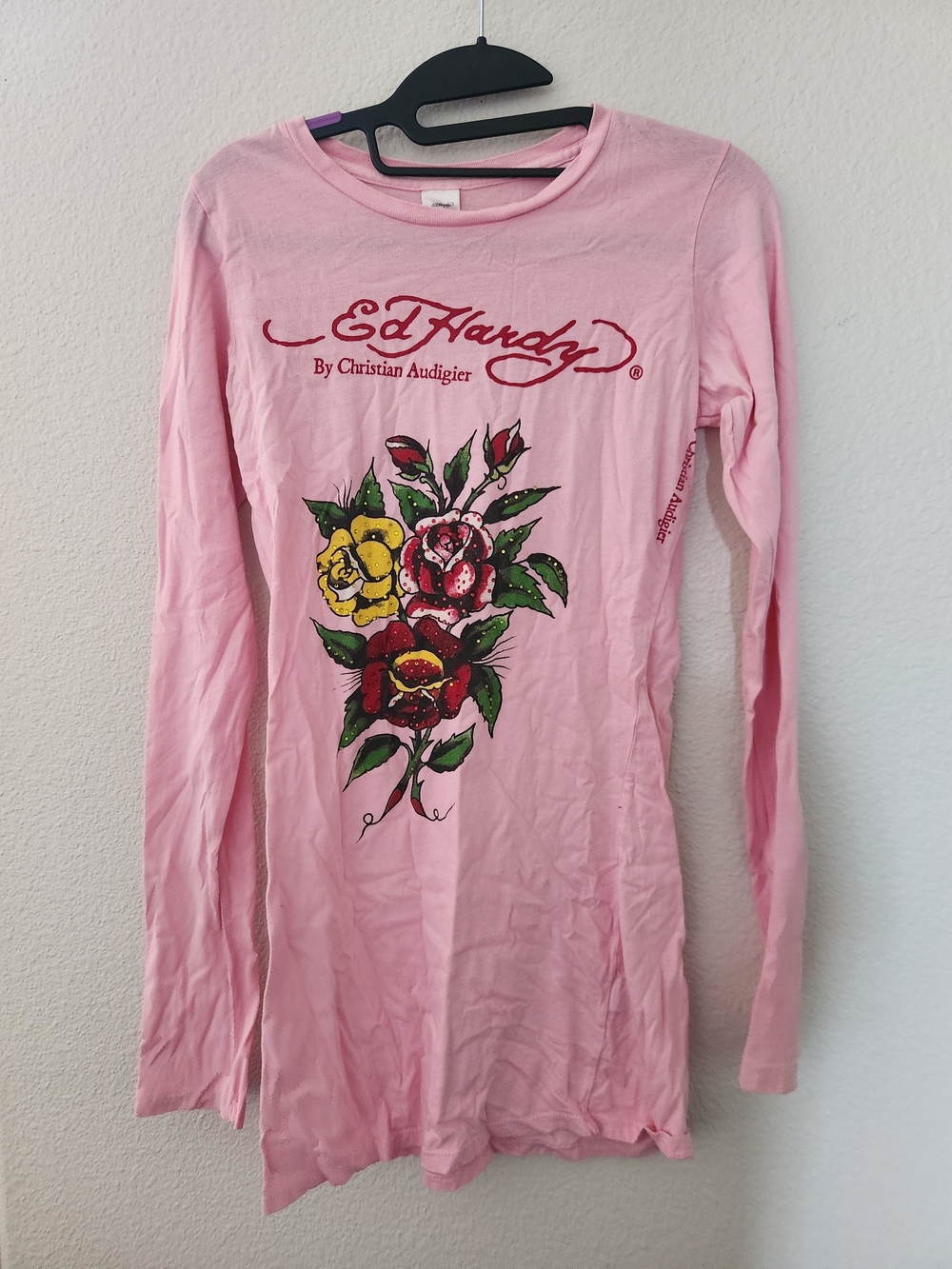 Ed Hardy Pink Long Sleeve Floral Graphic Tee with Red Logo Script